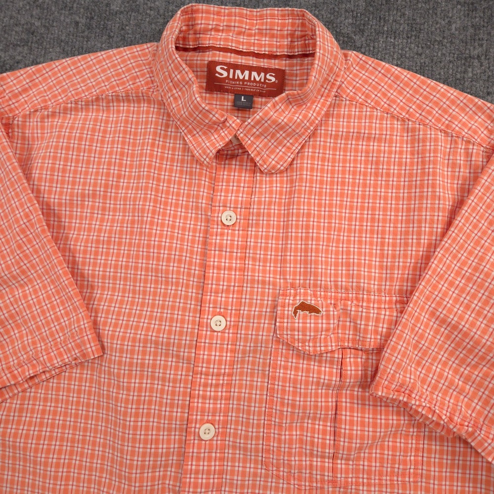 Simms Shirt Mens L Orange White Plaid Short Sleeve Outdoor Fishing Hiking Casual